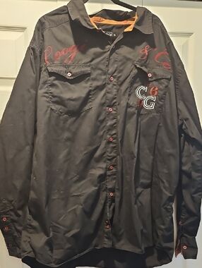 Mens COOGI Black Button-Up Shirt  with Red Embroidery